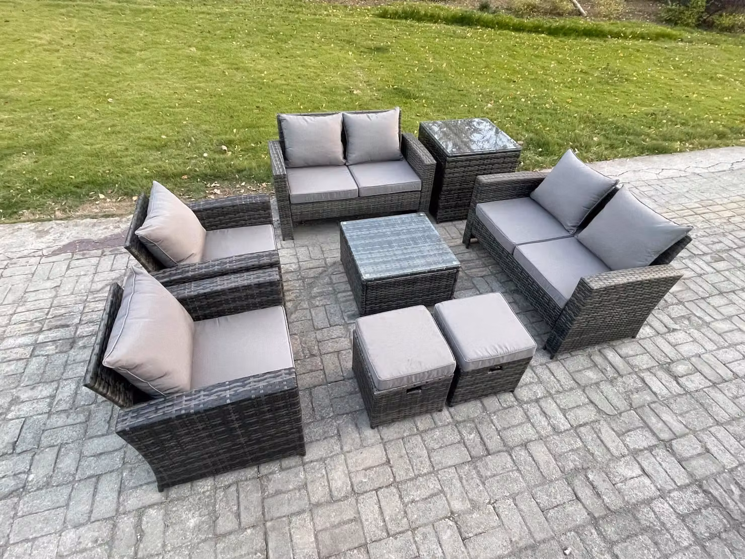 Fimous 8 Seater Rattan Garden Furniture Set in Dark Grey with U-Shape Sofa, Coffee Table and Side Table