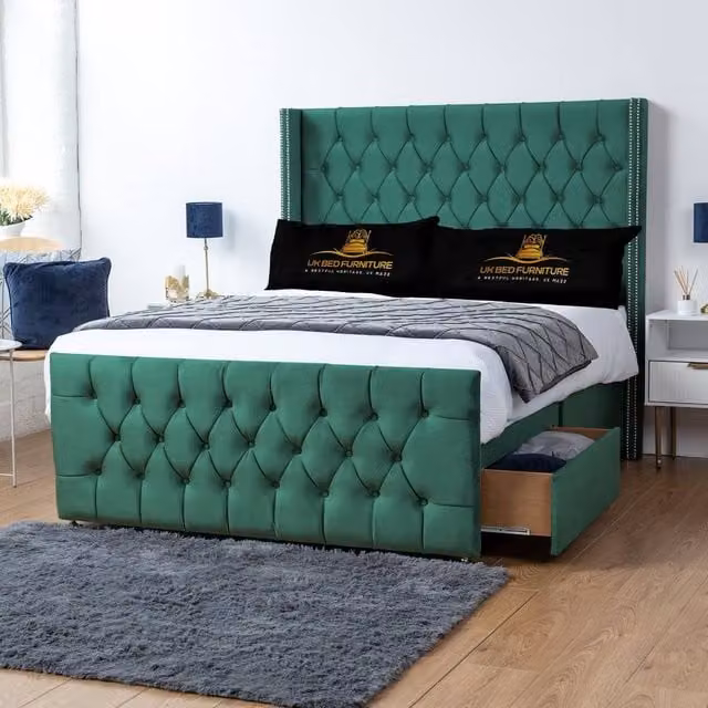 UK Bed Furniture Emily Green Velvet Wingback Divan Bed with 2 Foot End Drawers and 54 Inch Headboard, W/D/H: 180 x 200 cm