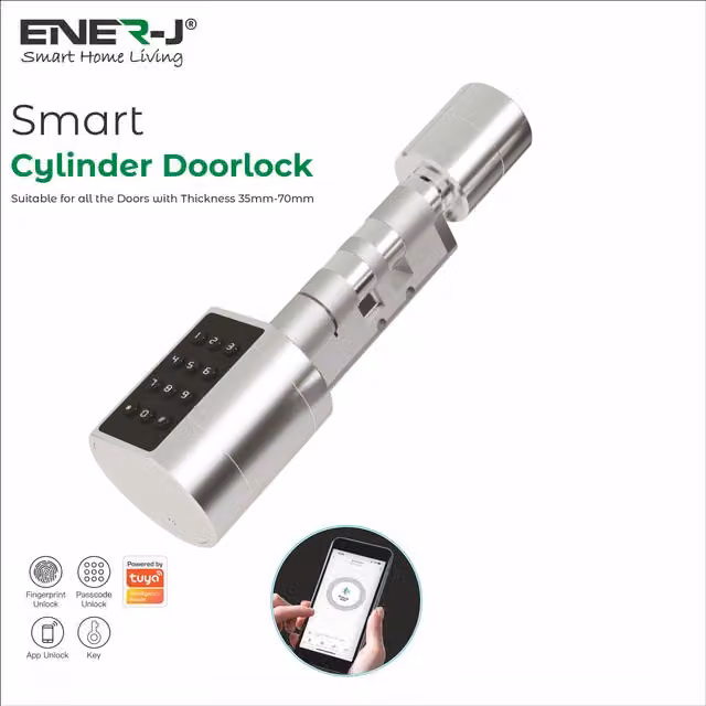 ENER-J Smart Adjustable Cylinder Bluetooth Door Lock with Fingerprint and Code in Silver and White