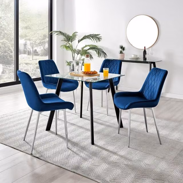 FurnitureboxUK Seattle Square Glass Dining Table with 4 Pesaro Silver Upholstered Chairs in Navy Blue
