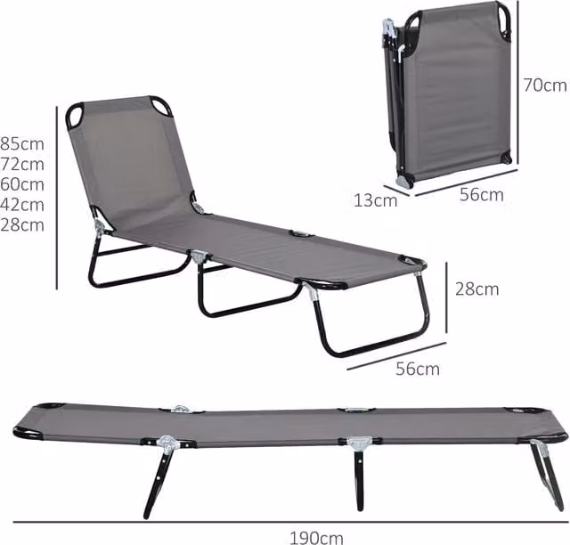 Outsunny Set of 2 Foldable Sun Loungers with Adjustable Headrest in Grey