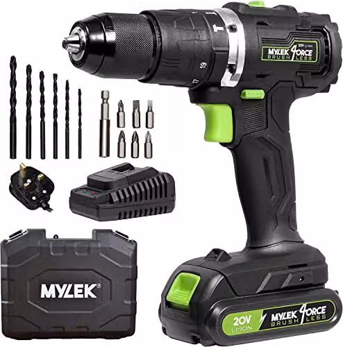 Mylek 20V Brushless Cordless Combi Drill Set with 2.0Ah Battery, Fast Charger and Carry Case, Black – 1