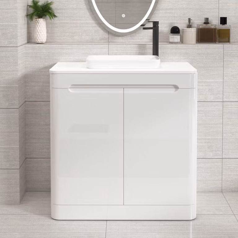 Royal Bathrooms Venice 800mm Gloss White Floor Standing 2 Door Vanity Unit with Qubix Basin and Plain White Worktop
