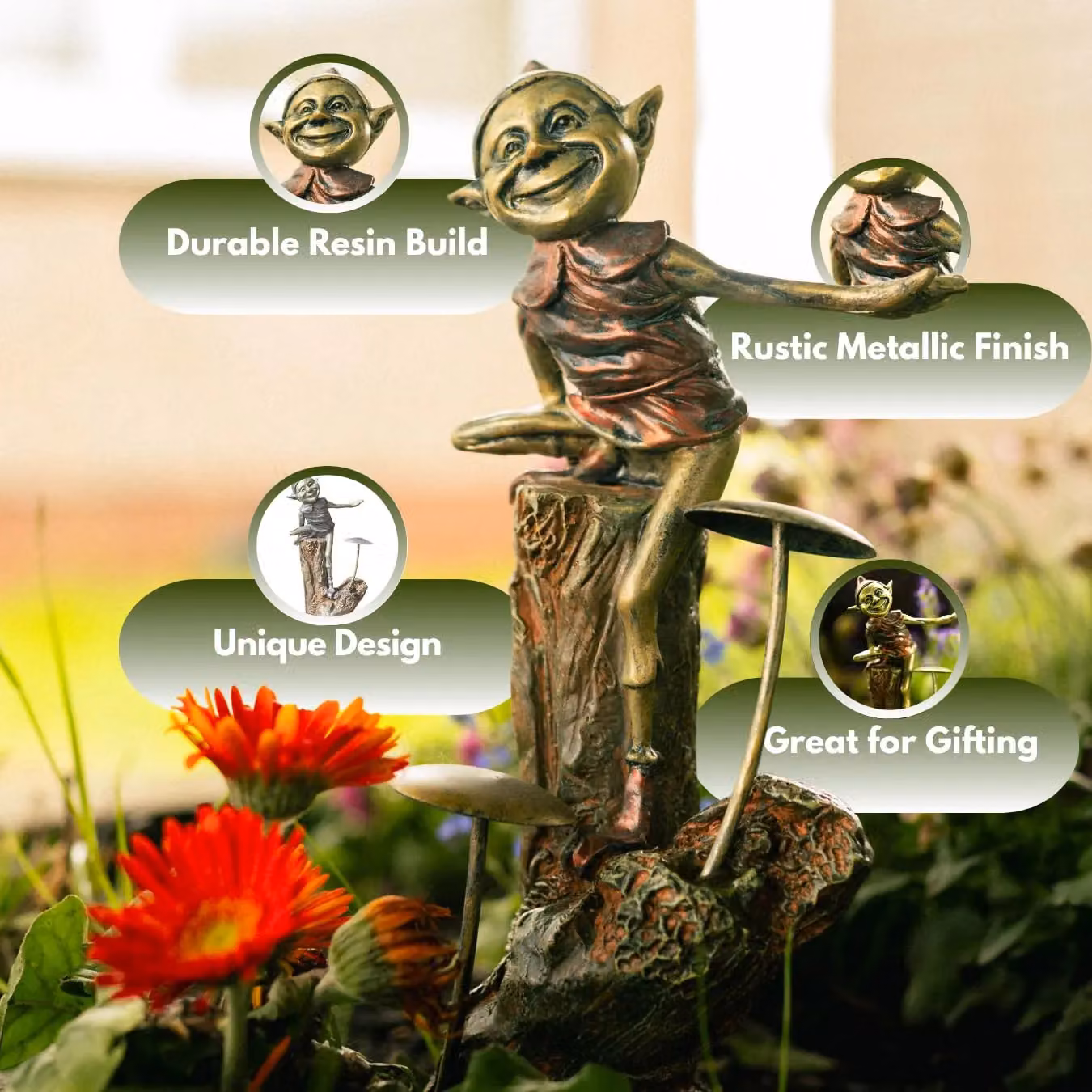 Marco Paul Bronze and Multicolour Resin Elf on Mushroom Garden Ornament, Height: 20 cm – 6