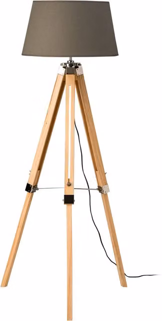 Orsina Scandinavian Style Tripod Floor Lamp with Grey Fabric Shade and Pale Wood Legs