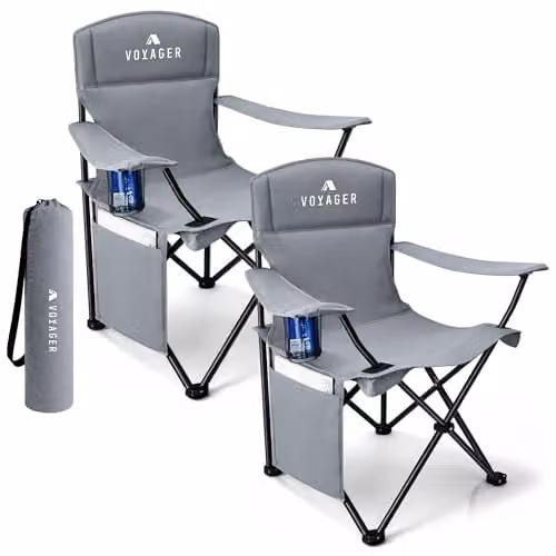Voyager 2-Pack Lightweight Folding Camping Chairs in Grey with Cup Holders and Pockets