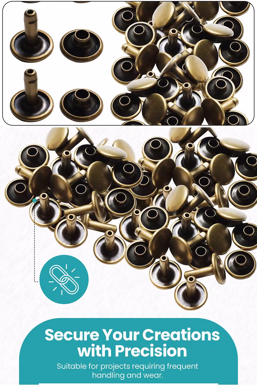 Neel Blue 10mm Double Cap Rivet Tubular Metal Studs and Leather Rivets, Bronze, 100pcs – 3