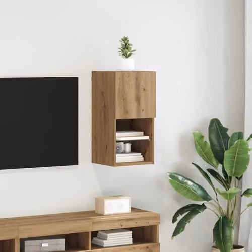 vidaXL Wall-mounted Modern TV Cabinet in Brown Oak with Glass Doors and Integrated Lighting, W/D/H: 60 x 30 x 30 cm – 2