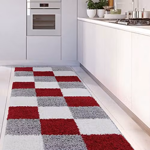 THE RUGS Red and Grey Checked High Pile Shaggy Area Rug, W/D/H: 80 x 300 cm – 2