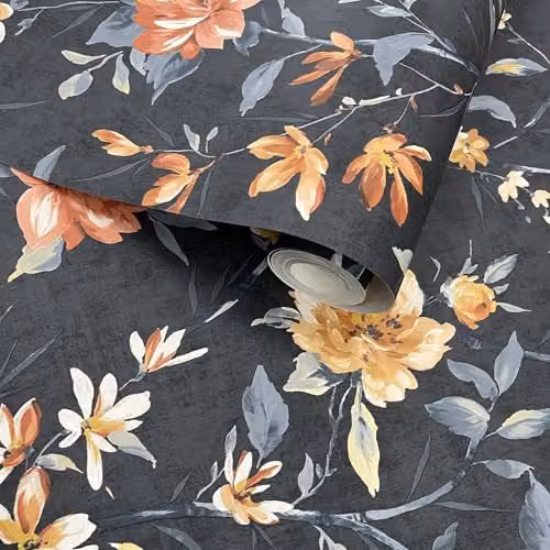 Holden Decor Oriental Trail Camellia Floral Wallpaper in Navy Blue and Orange – 3