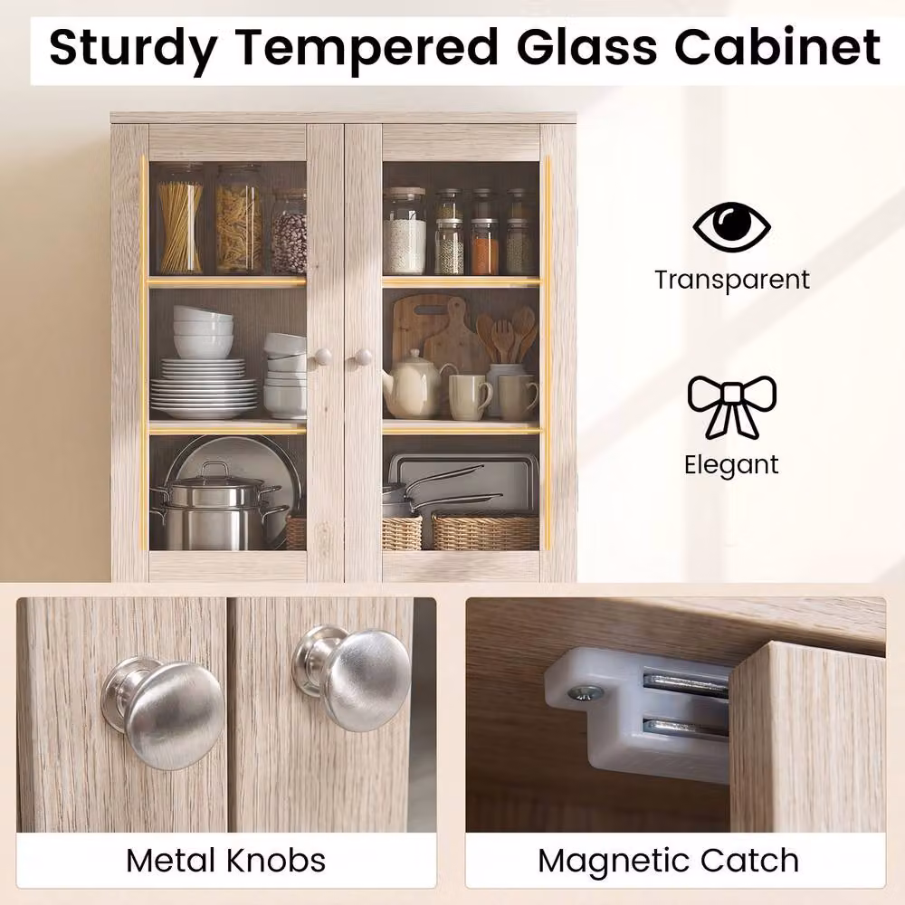 Costway Natural Kitchen Pantry Storage Cabinet with Glass Doors and Internal Shelves – 3