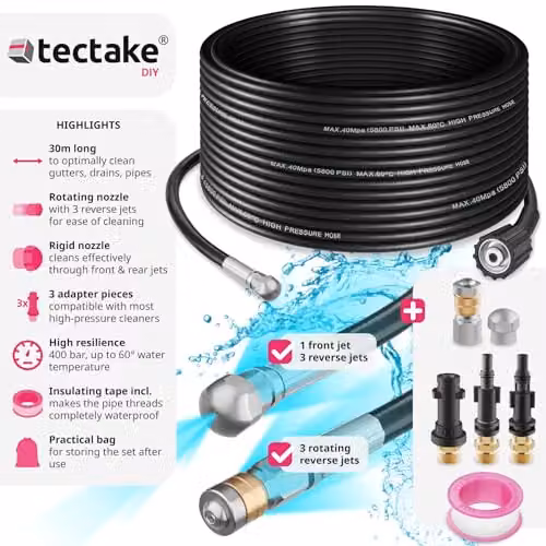 tectake Pipe Cleaning Hose Set with Stainless Steel Nozzles and Adapters, Black, 30m – 2