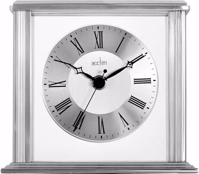 Acctim Hamilton Quartz Mantel Clock in Silver with Brushed Metal and Glass Floating Effect – 1
