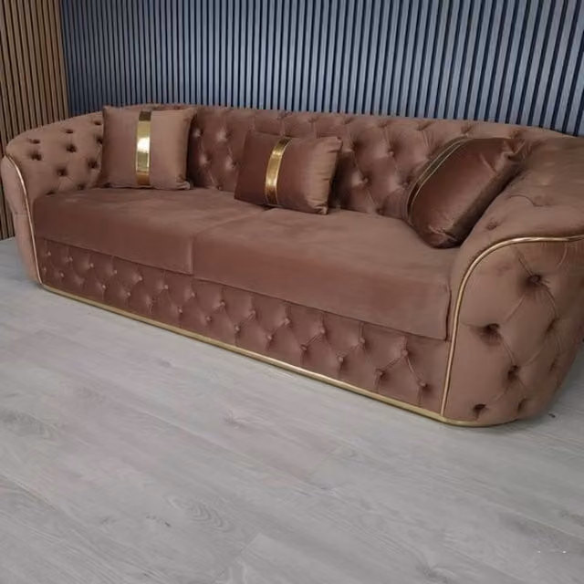 Stratus Interiors Ambassador Chesterfield Sofa in Taupe Velvet with Gold Trim – 1