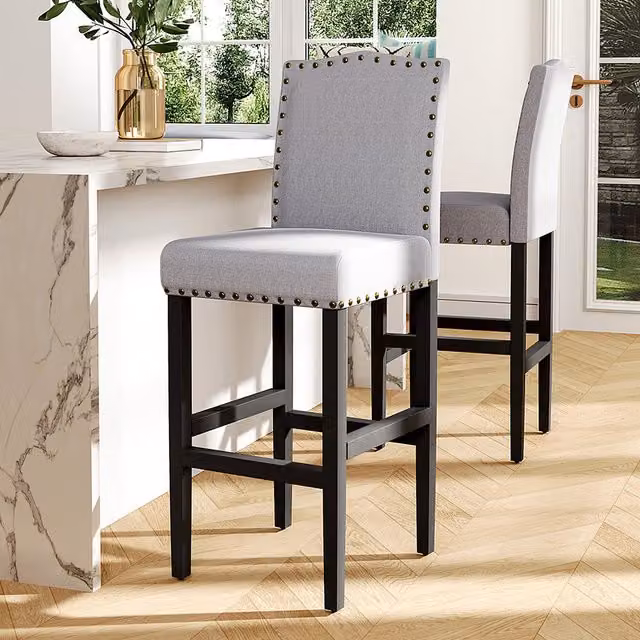 Livingandhome Set of 2 Grey Fabric Upholstered Counter Height Dining Barstools with Black Metal Frames
