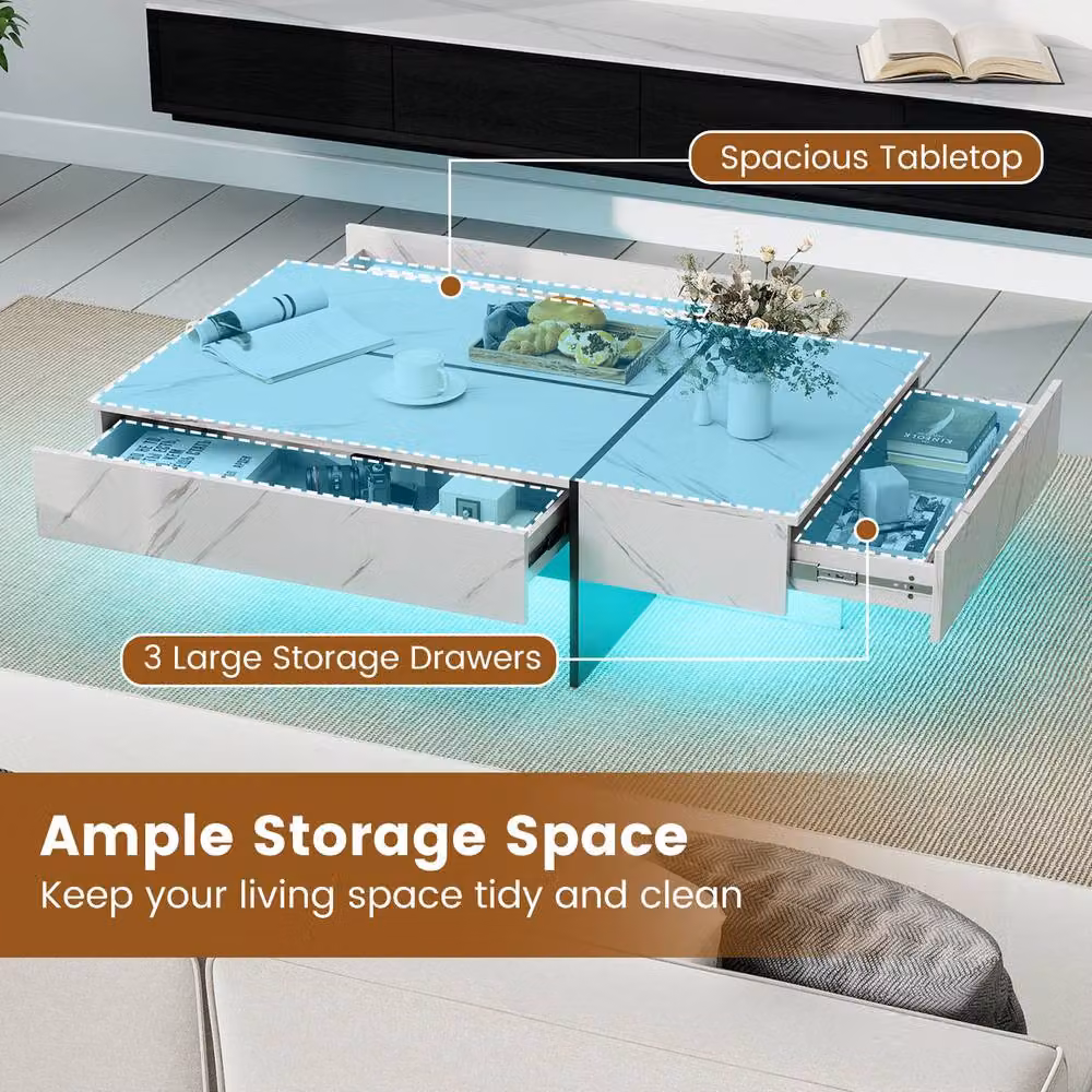 Costway Modern Rectangular LED Coffee Table with 3 Drawers in White – 3