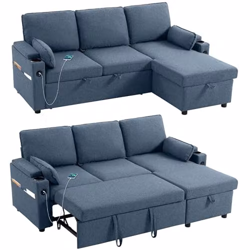 HOMCOM L-Shaped 3 Seater Corner Sofa Bed in Blue with Reversible Storage Chaise and USB Charging, W/D/H: 205.0 x 136.5 x 85.0 cm – 1