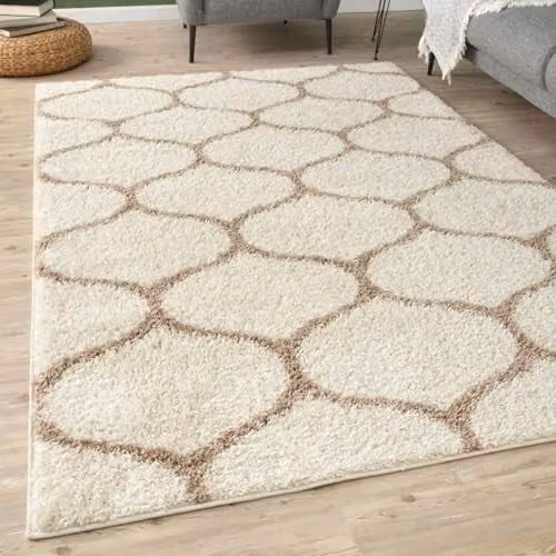 THE RUGS Modern Moroccan Shaggy Area Rug in Trellis Beige and White, W: 240 cm, D: 340 cm, H: 30 cm – 1