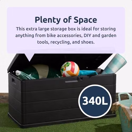 Idooka Large Grey Garden Storage Box with Lid, 340L Lockable Water-Resistant Plastic Outdoor Deck Box for Cushions, Tools and Parcels – 4