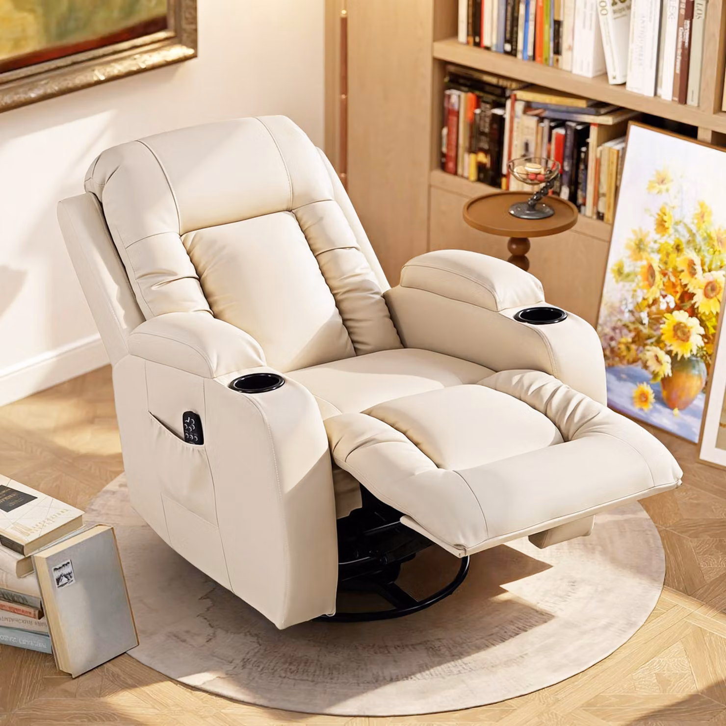 HOMCOM PU Leather Recliner Armchair with Extended Footrest, Cup Holders and Side Pockets, Beige – 3