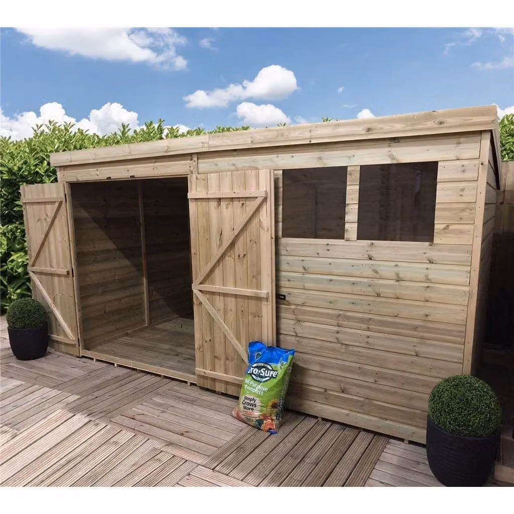 Marlborough Pressure Treated Pent Garden Shed with Double Doors in Natural – 1