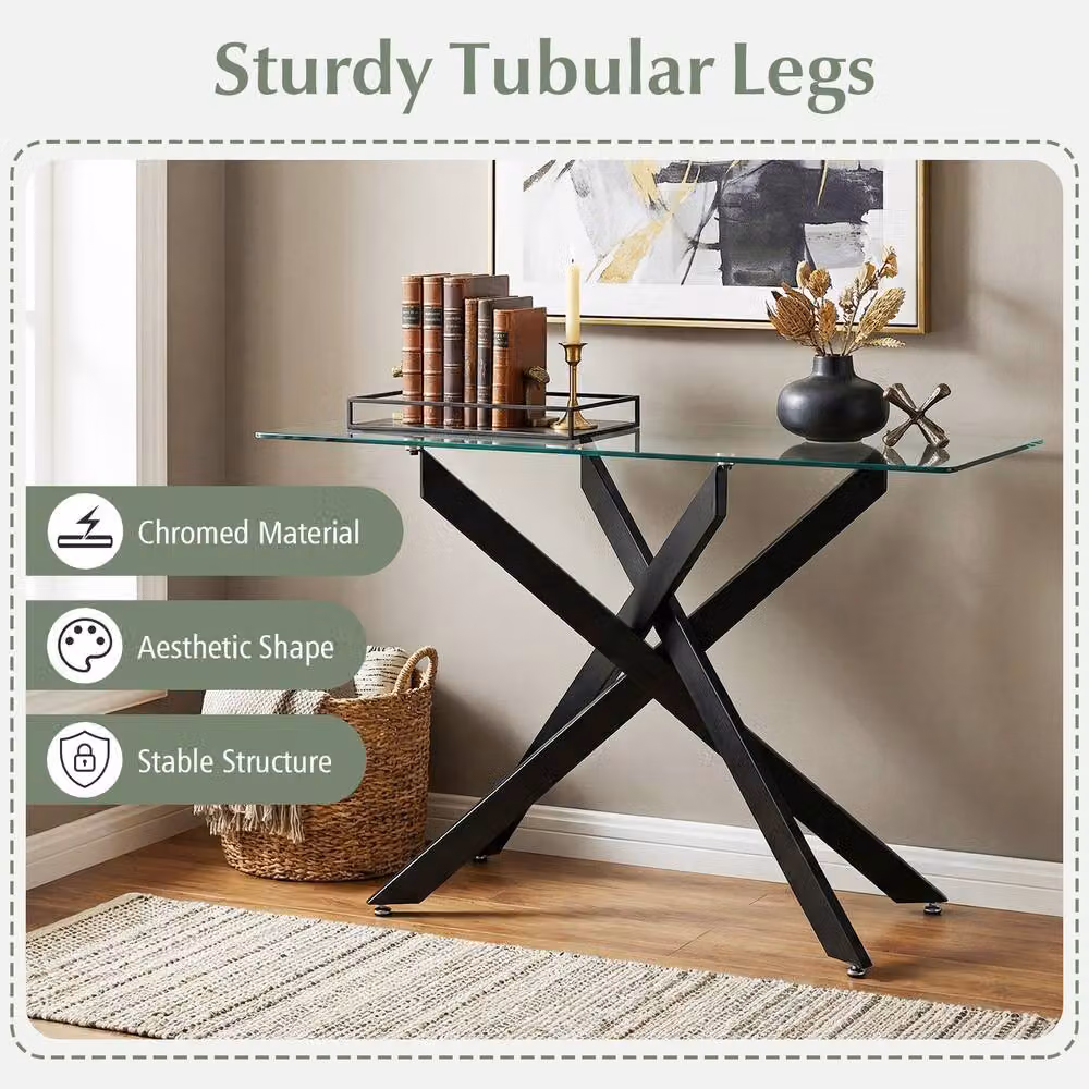 Costway Modern Glass Console Table with Black X-Frame and Clear Tempered Glass Top, Width: 115 cm – 5