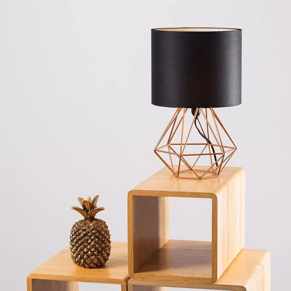 MiniSun Modern Copper Metal Basket Cage Bedside Table Lamp with Black Fabric Shade – 3