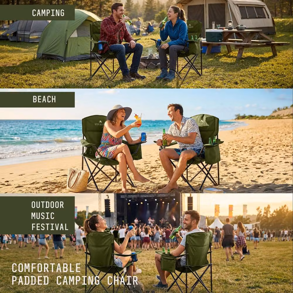 Voyager 2 Pack Folding Camping Chairs with Cooler Bag in Black and Green – 7