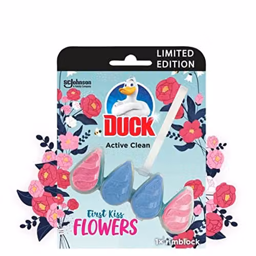 Duck Active Clean Foaming Toilet Rim Block, First Kiss Flowers Fragrance, 38.6g – 1