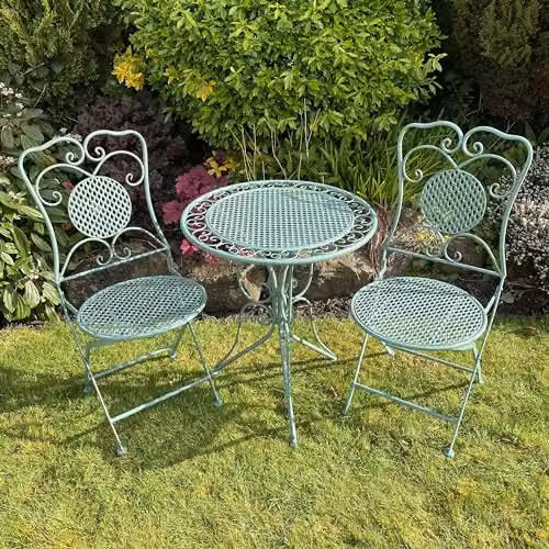 Freshnewlooks Antique Green Metal Bistro Set with Round Folding Table and 2 Chairs for Garden, Balcony or Terrace – 2
