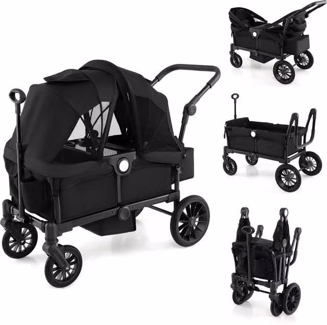 COSTWAY Double Wagon Stroller for 2 Kids in Black with Adjustable Handle, Suspension and Canopy