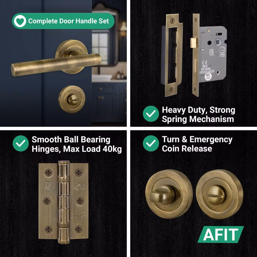 AFIT Antique Brass T-Bar Bathroom Handle and WC Lock Hinges Set in Gold, 1 Pair – 7