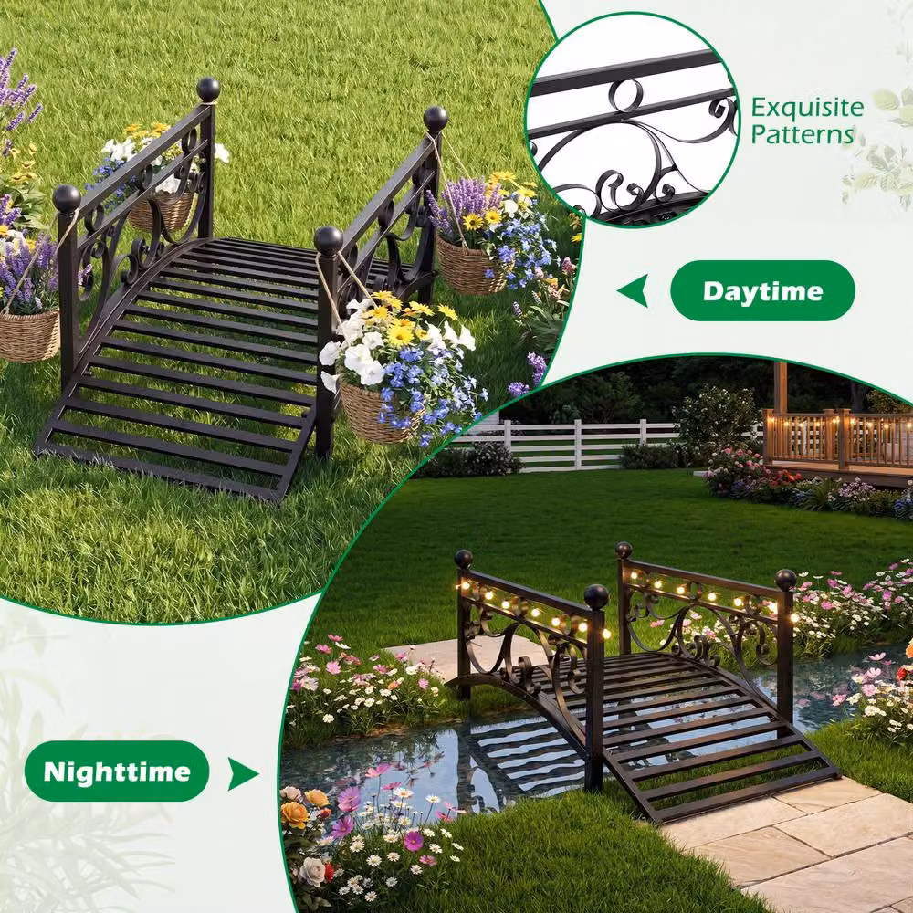 Gymax Arched Garden Bridge with Dual Patterned Metal Side Rails in Black, 101.5 cm – 2