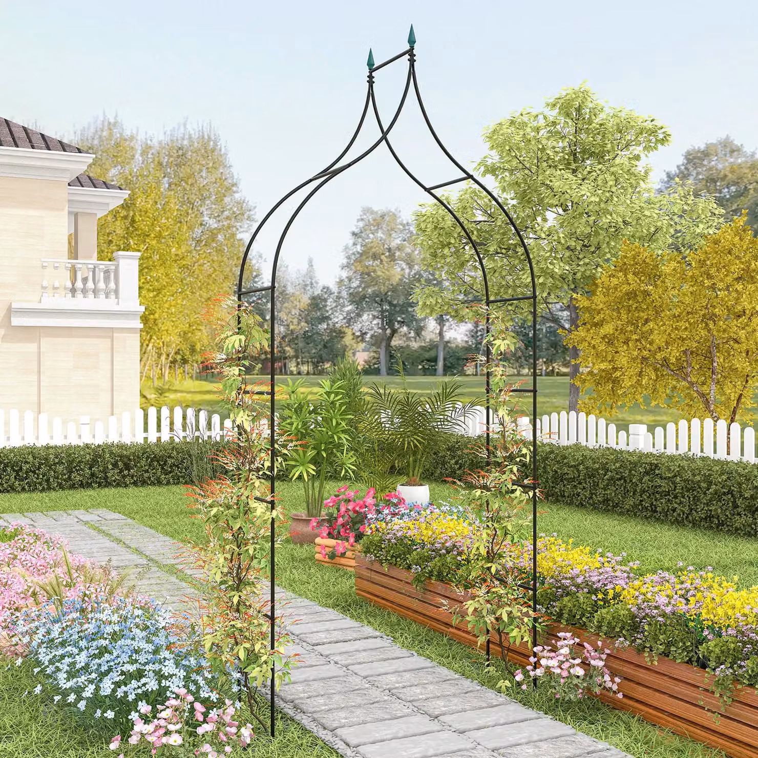 Gymax Gothic Style Metal Garden Arbor Trellis Pergola with Side Crossbars, Black, H: 287 cm x W: 125 cm x D: 38 cm – 2