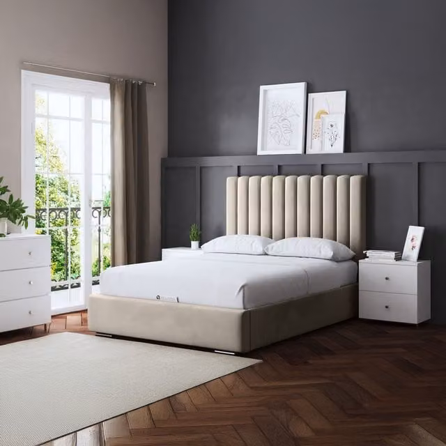 DS Living Evangeline Panel Bed with Lift Up Base in Beige and Yellow, 180 x 200 cm