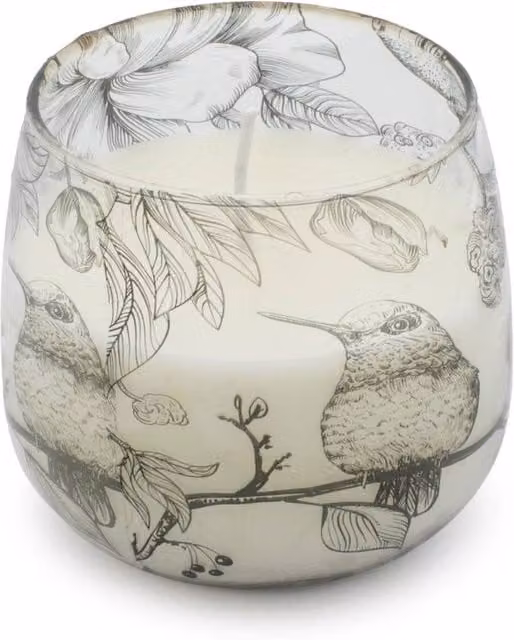 KDMD Medium Glass Jar Bird Botanical Candle in White with 45 Hour Burn Time