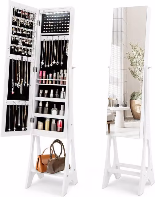 COSTWAY Freestanding White Glossy Jewelry Cabinet with Mirror and LED Lighting