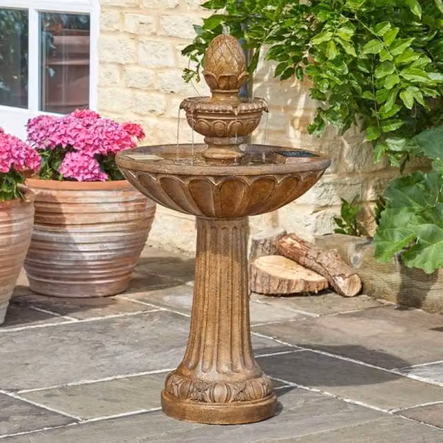 Garden Mile Solar Round Tabletop Garden Water Feature Fountain in Brown Vintage Resin