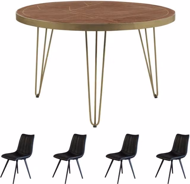 IH Design Dallas Dark Mango Solid Wood Round Dining Table and 4 Chairs Set in Brown and Gold