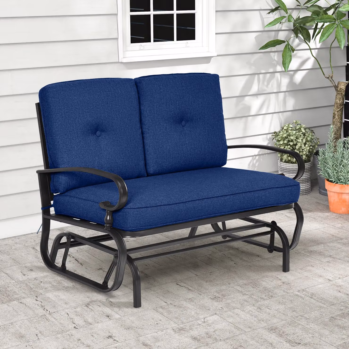 Gymax 2 Seater Outdoor Swing Glider Chair with Cushions in Navy Blue – 7