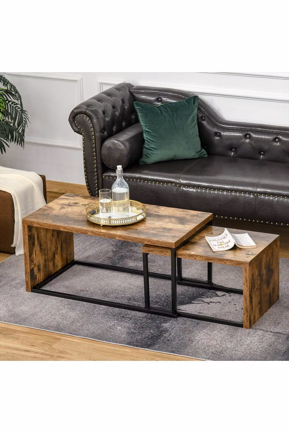 ERGOVEXA Nesting Coffee Table Set of 2, Industrial Stacking Side Tables in Rustic Brown and Black – 4