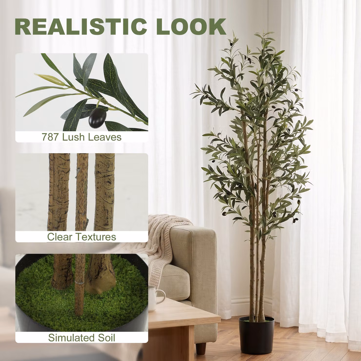 HOMCOM 175 cm Green Artificial Olive Tree with 787 Leaves and Adjustable Branches – 3