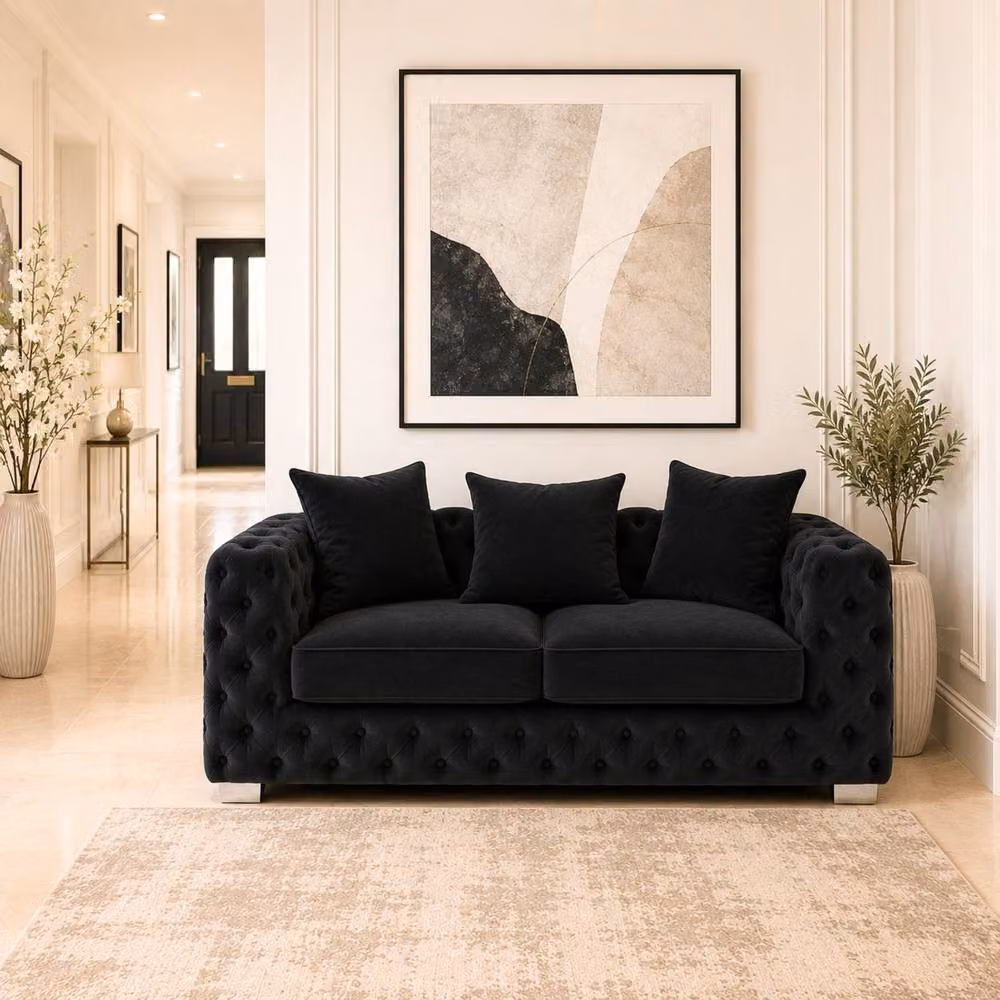Stratus Interiors Ashley Chesterfield 2 Seater Scatter Back Upholstered Velvet Sofa in Black (W: 177.8 cm, H: 76.0 cm, D: 67.0 cm) – 2
