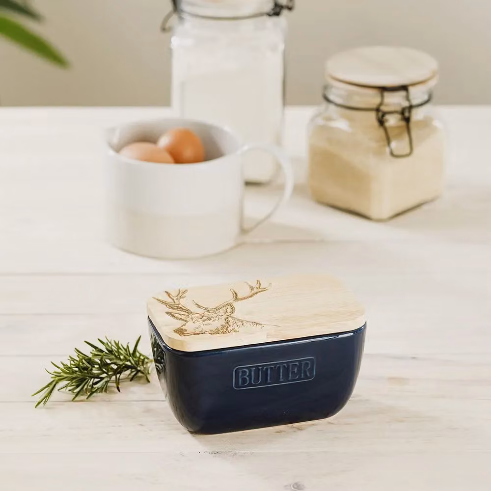 Selbrae House Blue Ceramic and Wood Stag Butter Dish – 3