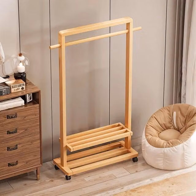 Kelvenix Walnut Vertical Clothes Rail Rack in Brown Wood and Bamboo – 1