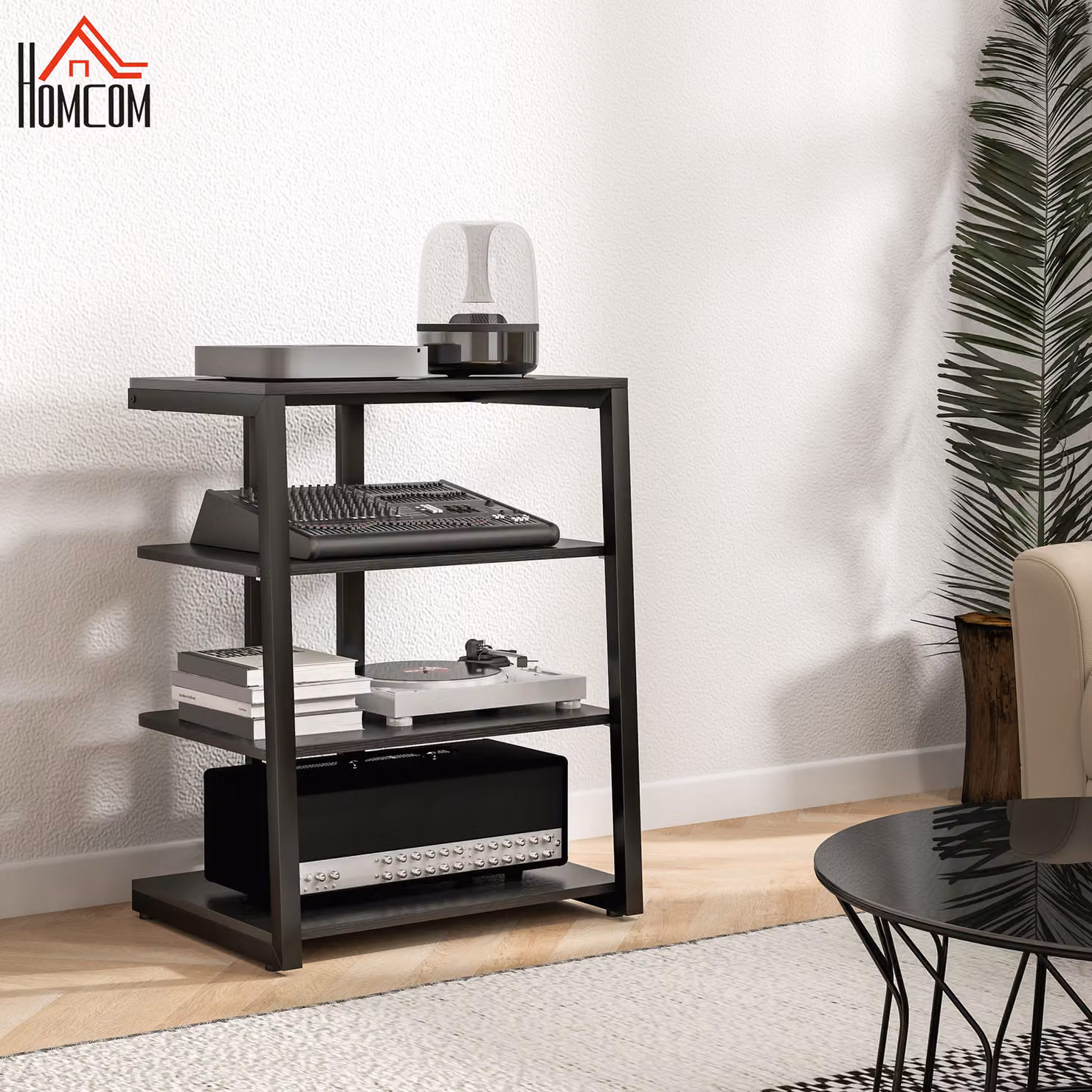 HOMCOM Corner TV Stand Cabinet in Black for up to 28 Inch TVs with Open Adjustable Shelves and Extension Lead Holder – 2