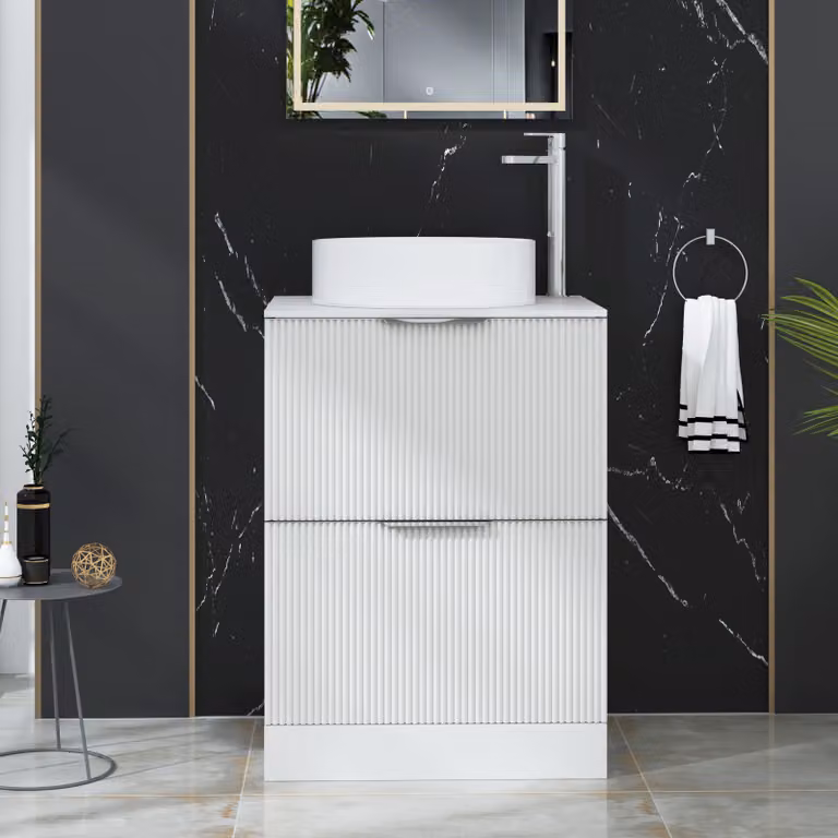 Royal Bathrooms Evora 600mm Matt White Fluted Floor Standing 2 Drawer Vanity Unit with Carrara White Stone Worktop