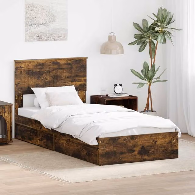 Berkfield Home Modern Storage Bed with Drawer in Smoked Oak Brown, W/D/H: 90 x 190 cm – 1