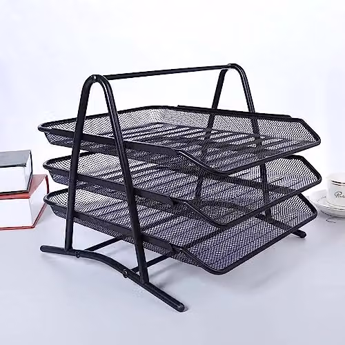 MantraRaj 3 Tier A4 Metal Mesh Letter Tray and Desktop Document Organiser, Black – 4