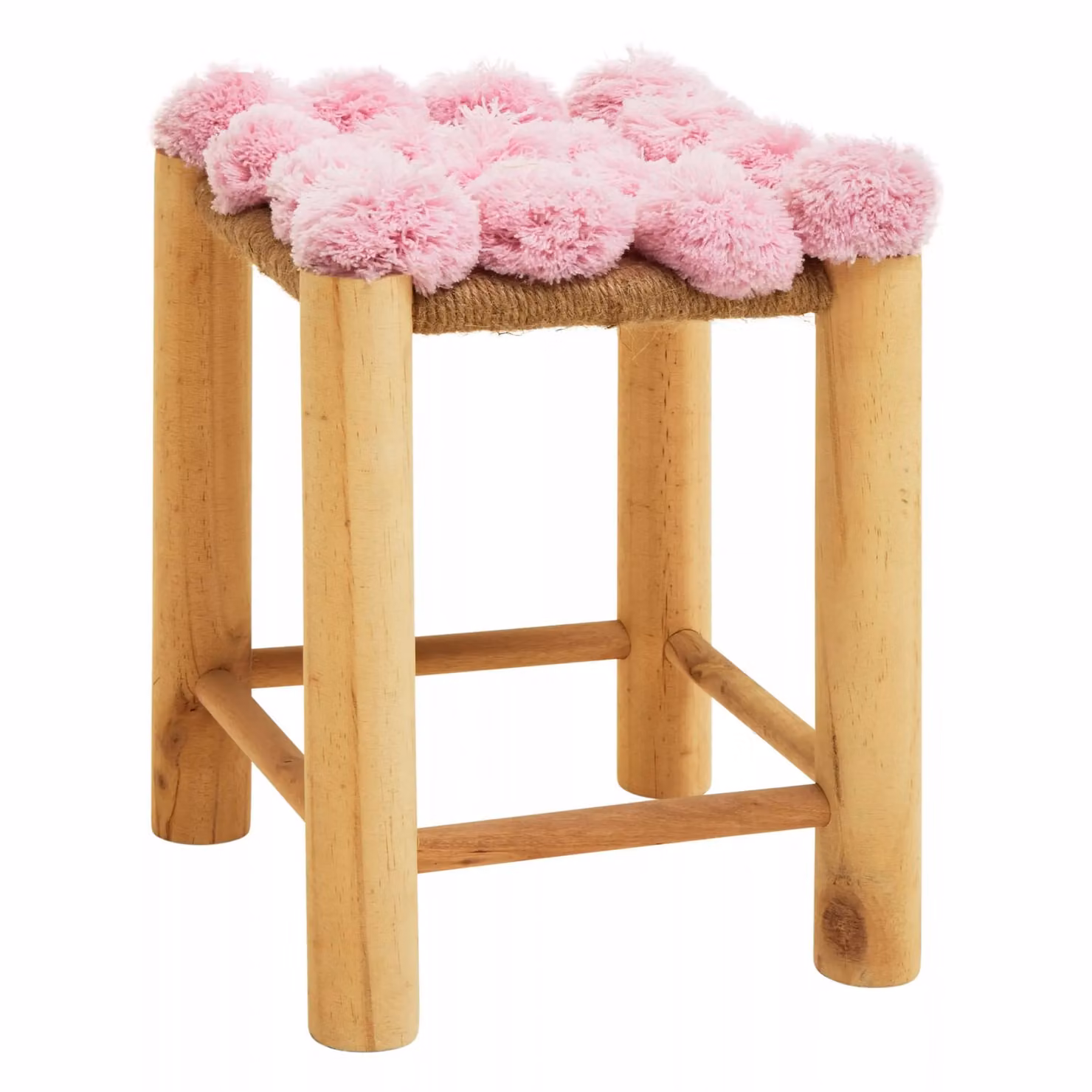 Orsina Pink Pom Pom Stool with Wood Frame and Knit Fabric – 2